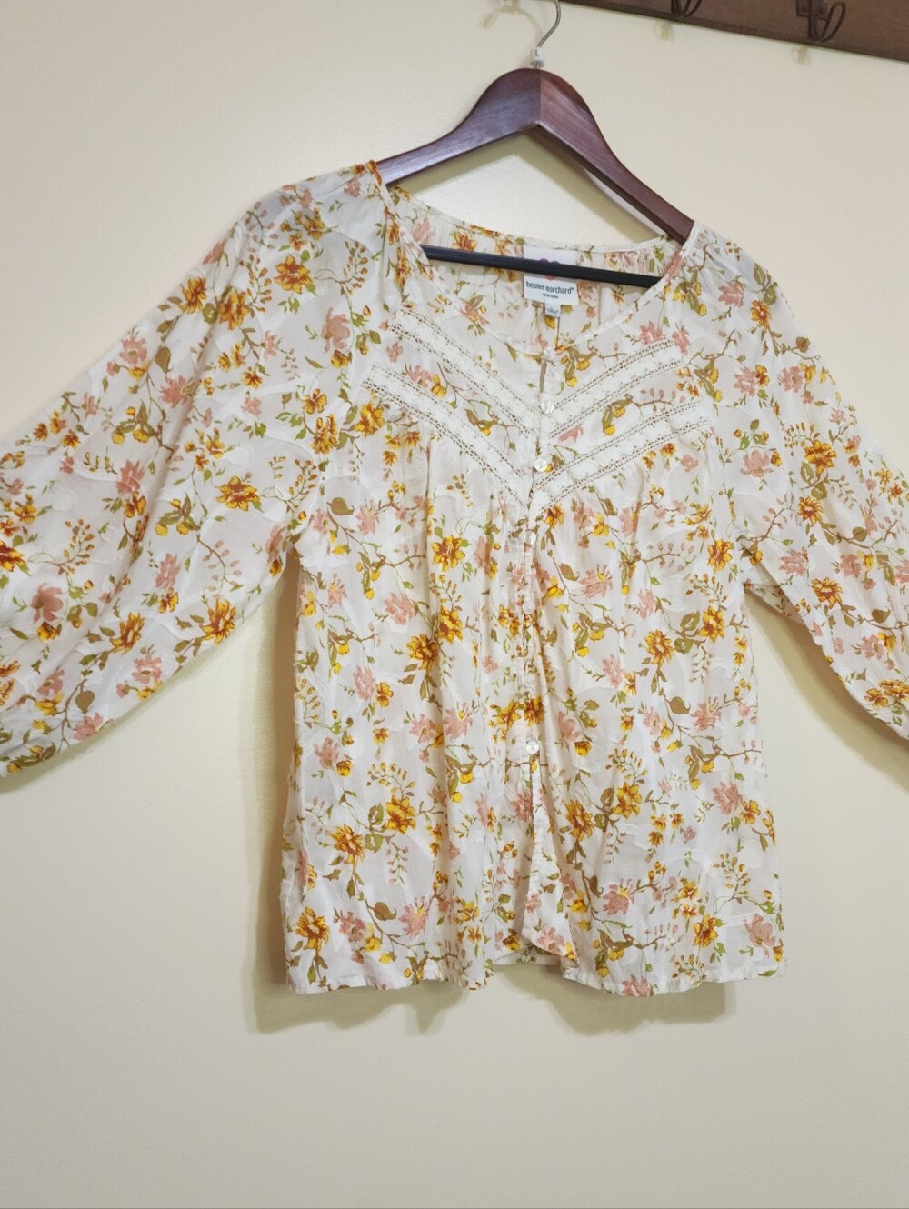 Hester & Orchard New York Shirt Embroidered Insert Floral Boho Peasant Blouse L